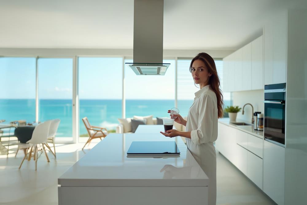 Step into the SeaPod's modern kitchen, where sustainable design meets innovative technology. Unobstructed ocean views transform your morning routine into pure inspiration